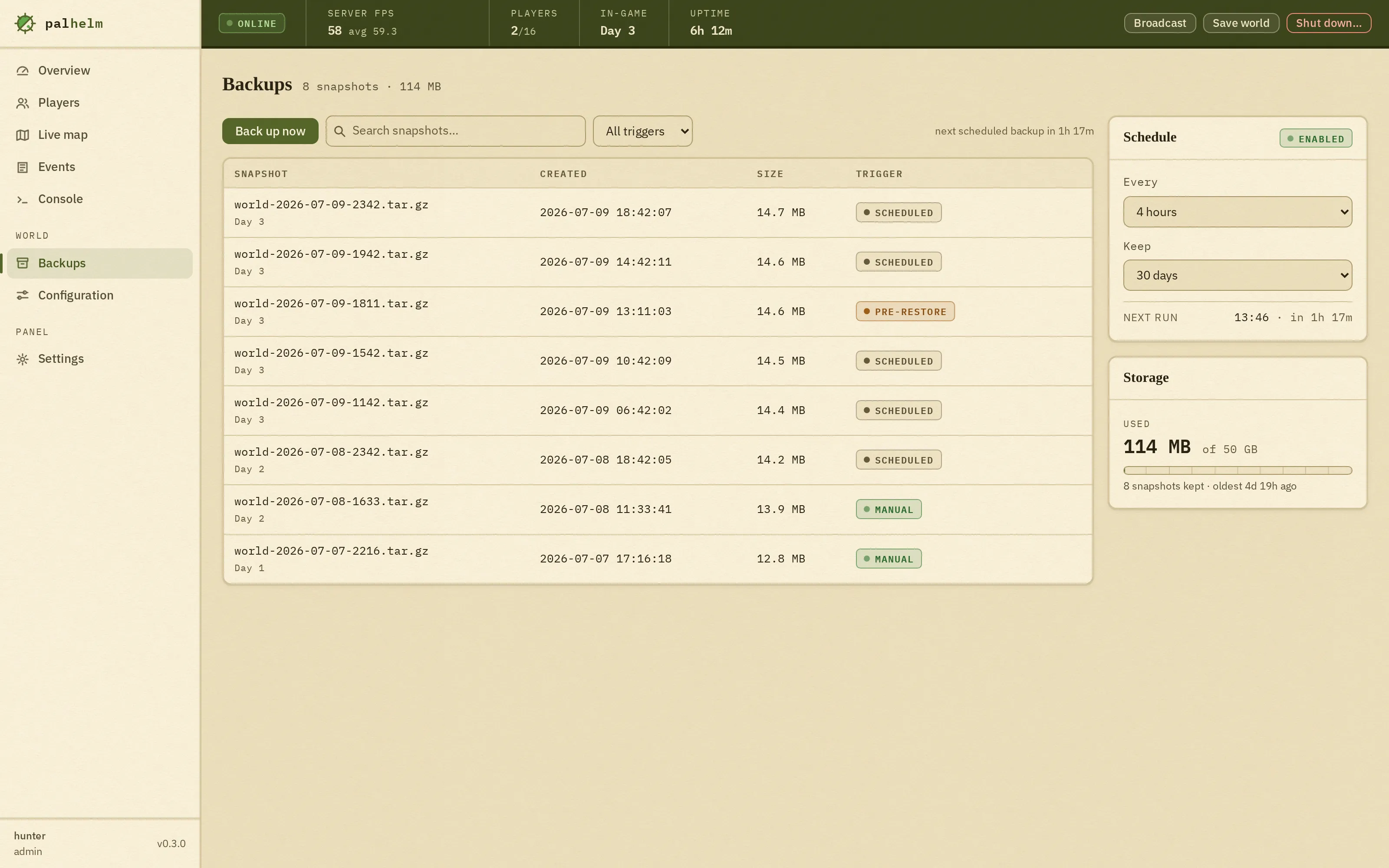 The backups screen: a list of snapshots with sizes and timestamps, retention settings, and a restore action guarded by a dry-run diff and a typed confirmation.