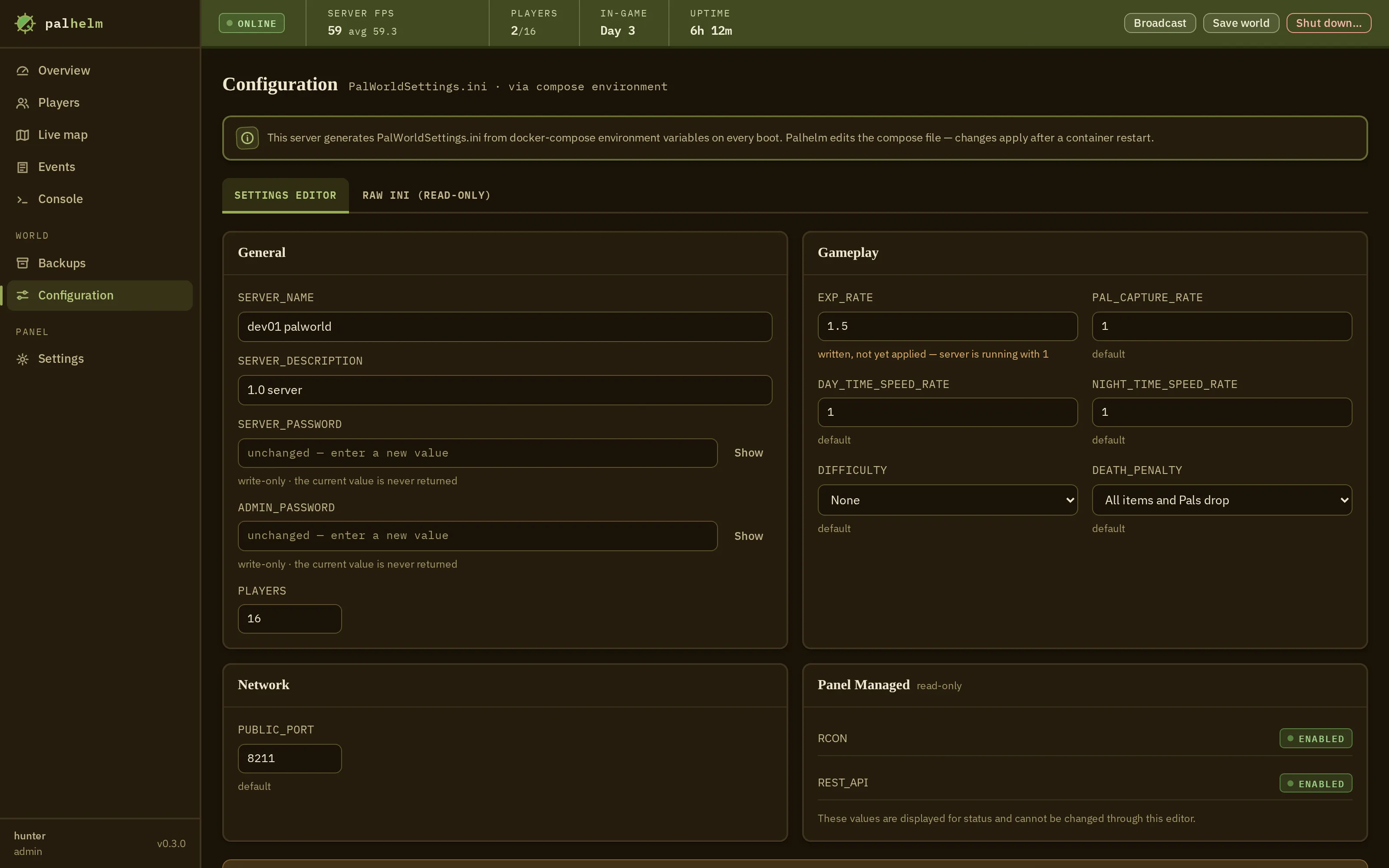 The config editor: server settings each showing a pending value next to the live value, and the exact command to apply the change printed below.