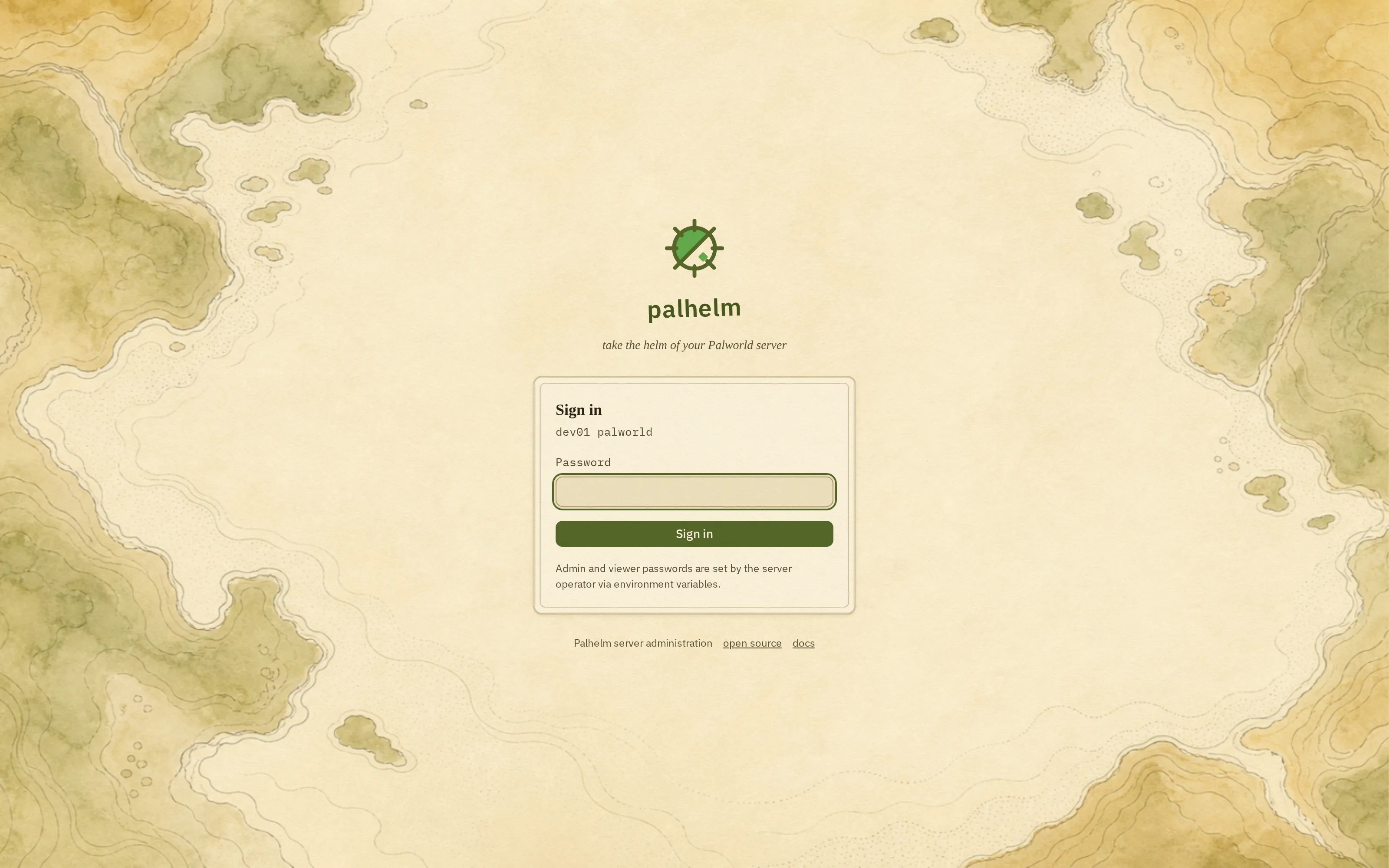 The login screen: the Palhelm mark on a card, above an admin sign-in form.