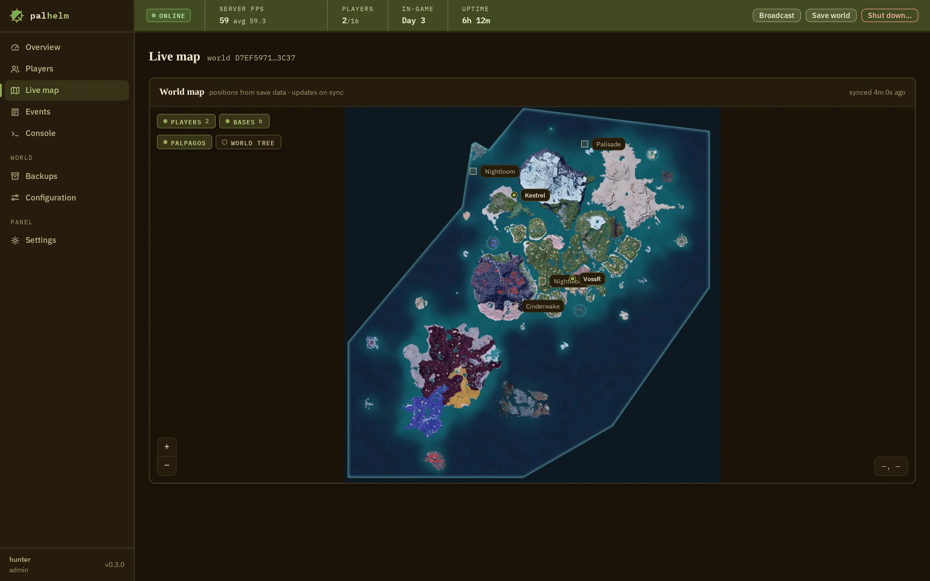 The live map screen showing the Palpagos Islands with player and base markers overlaid, and a layer control for the World Tree.
