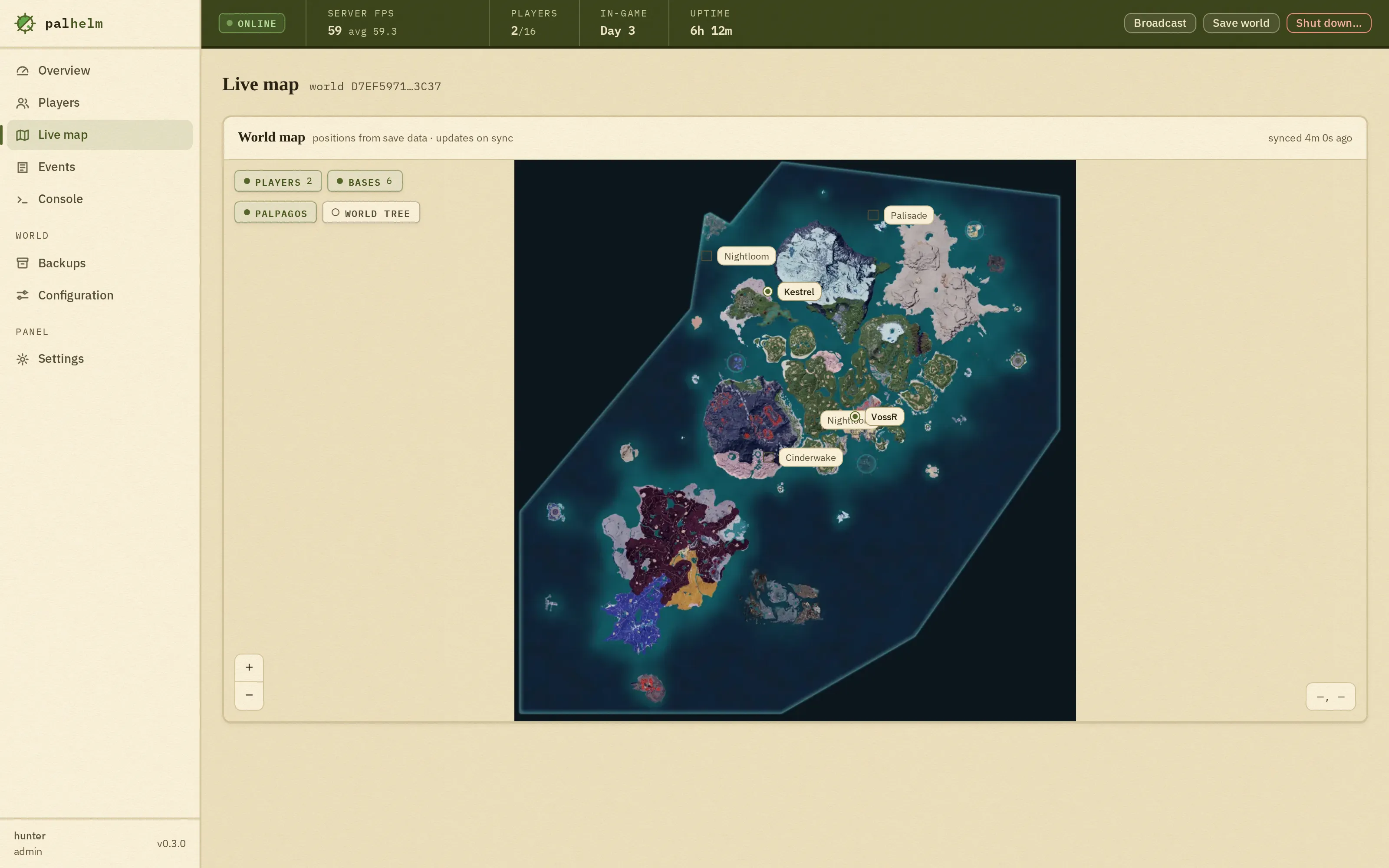The live map screen showing the Palpagos Islands with player and base markers overlaid, and a layer control for the World Tree.