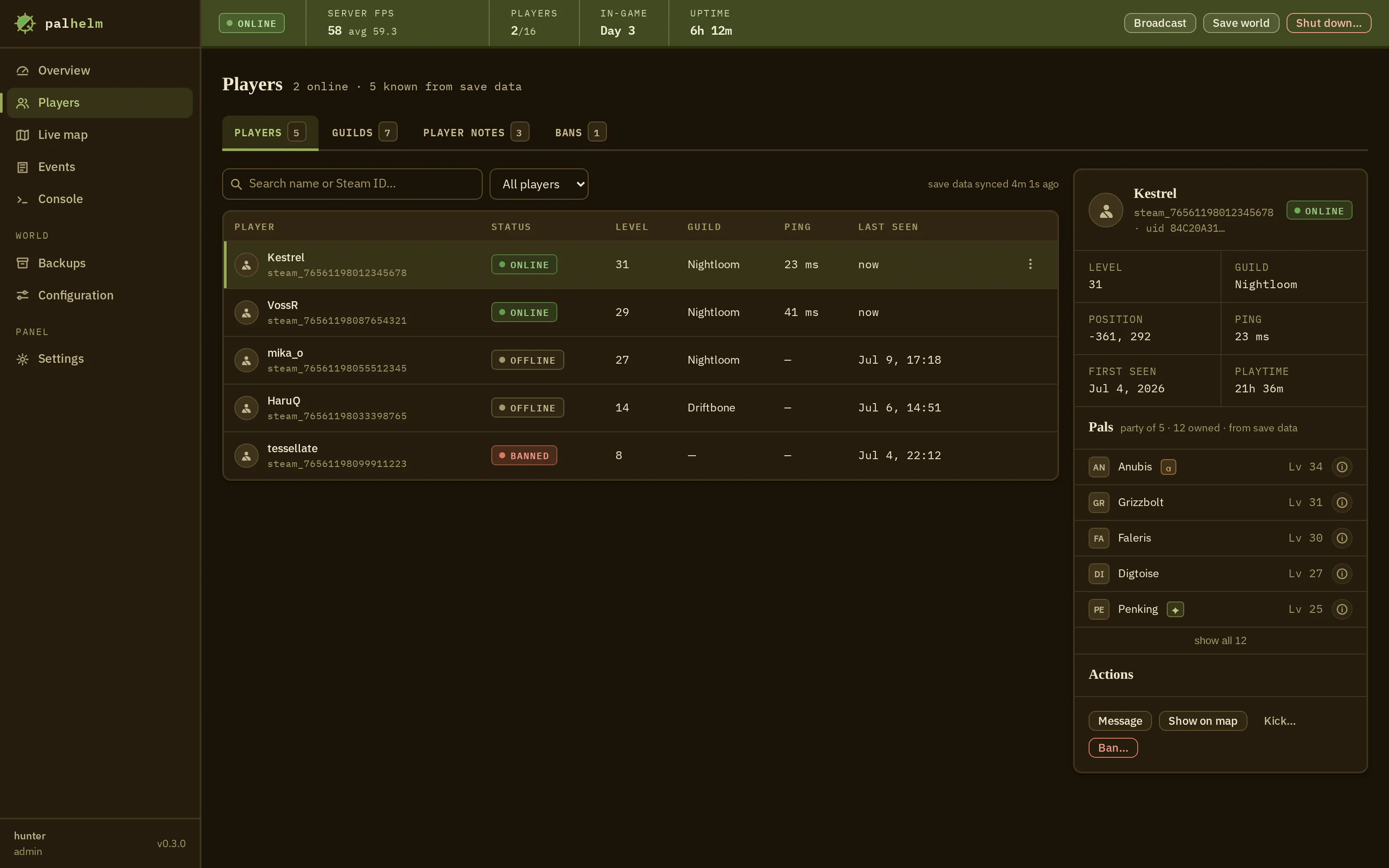 The players screen: a merged table of online and offline players with levels, guilds and status, and a detail panel showing one player's pal party, with placeholder chips standing in for pal art.