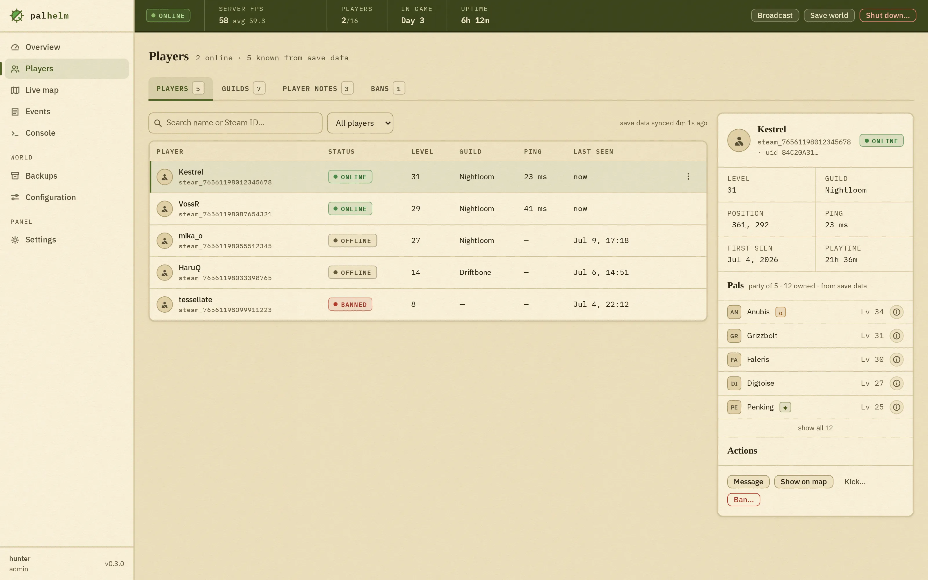 The players screen: a merged table of online and offline players with levels, guilds and status, and a detail panel showing one player's pal party, with placeholder chips standing in for pal art.